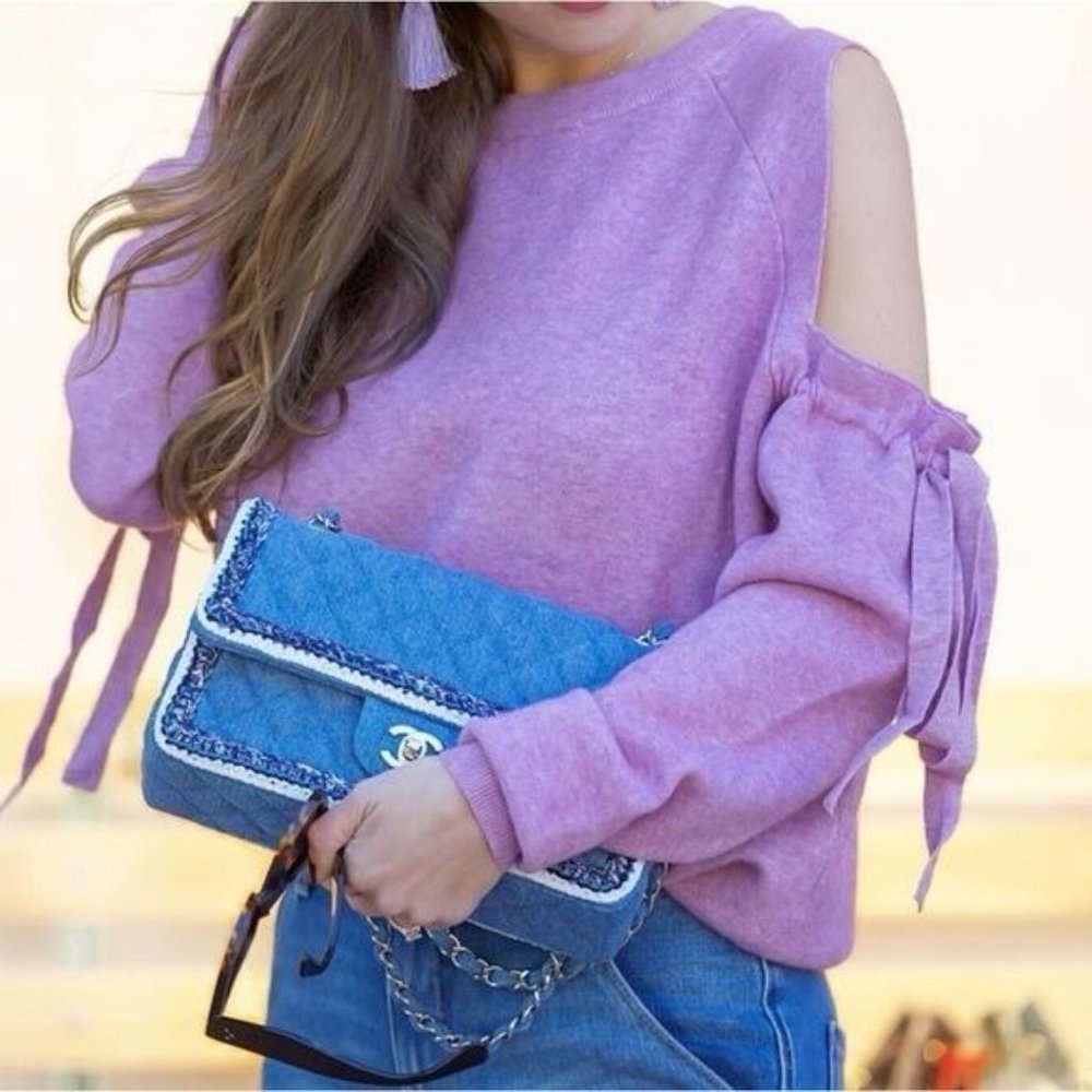 Barbiecore Tie Bow Cold Shoulder Sweater Size Small in Pink - Picture 4 of 13